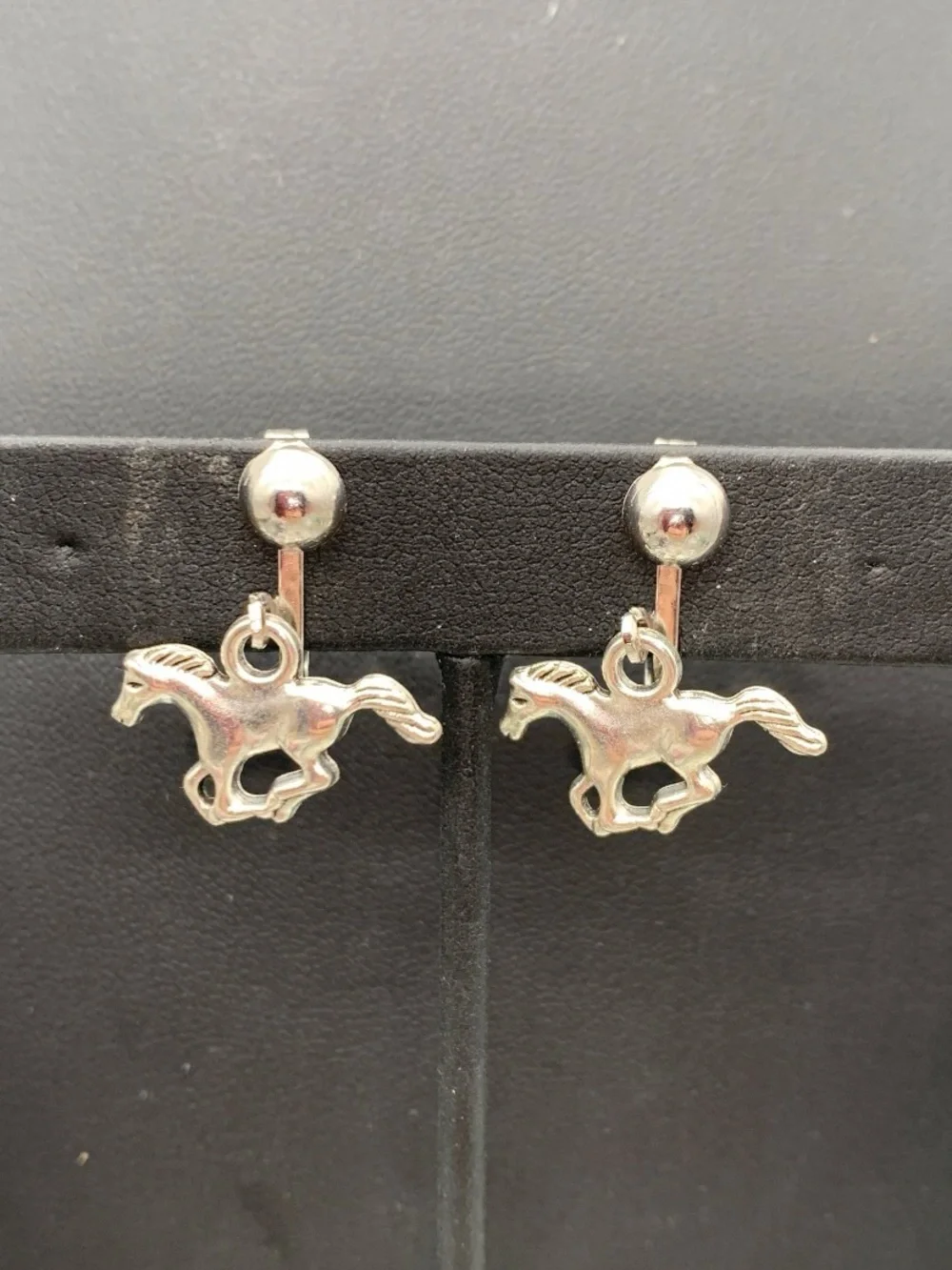 Silver tone galloping Horse Dangle clip on Earrings - western horse clip on